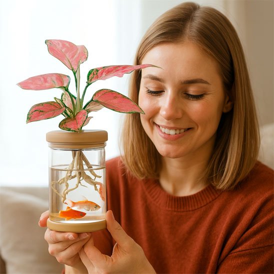 une femme regarde le Pot de fleurs avec des poisson