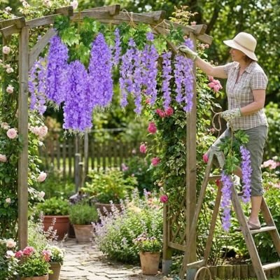 une femme suspende des Plante artificielle tombante 