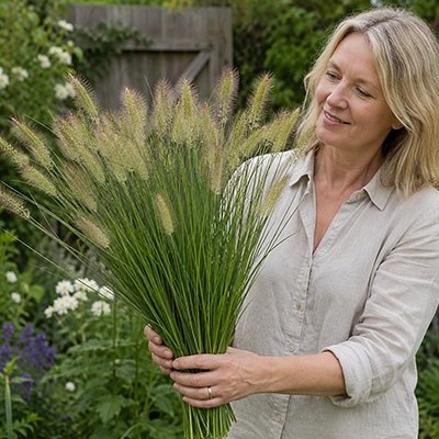 une femme tien un bouquet de Plante artificielle herbe à roseau dans ses mains 