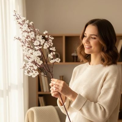 une femme tiens dans ses mains des Plante artificielle blanc