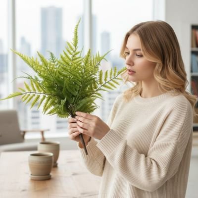 une femme tiens des Plante artificielle dans ses mains.