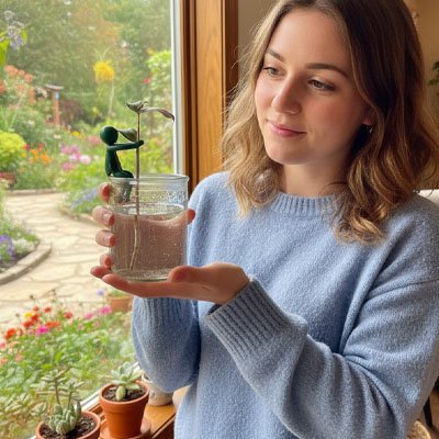 une femme tient dans ses main une plante avec un Support plante intérieur dans pot