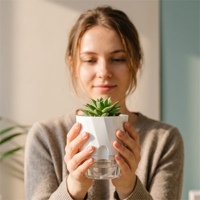 une femme qui tient le Pot de fleur auto-arrosage dans ses mains