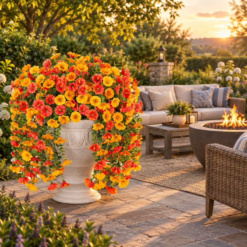 fleurie artificielles dans un jardin avec salon extérieur et brasero