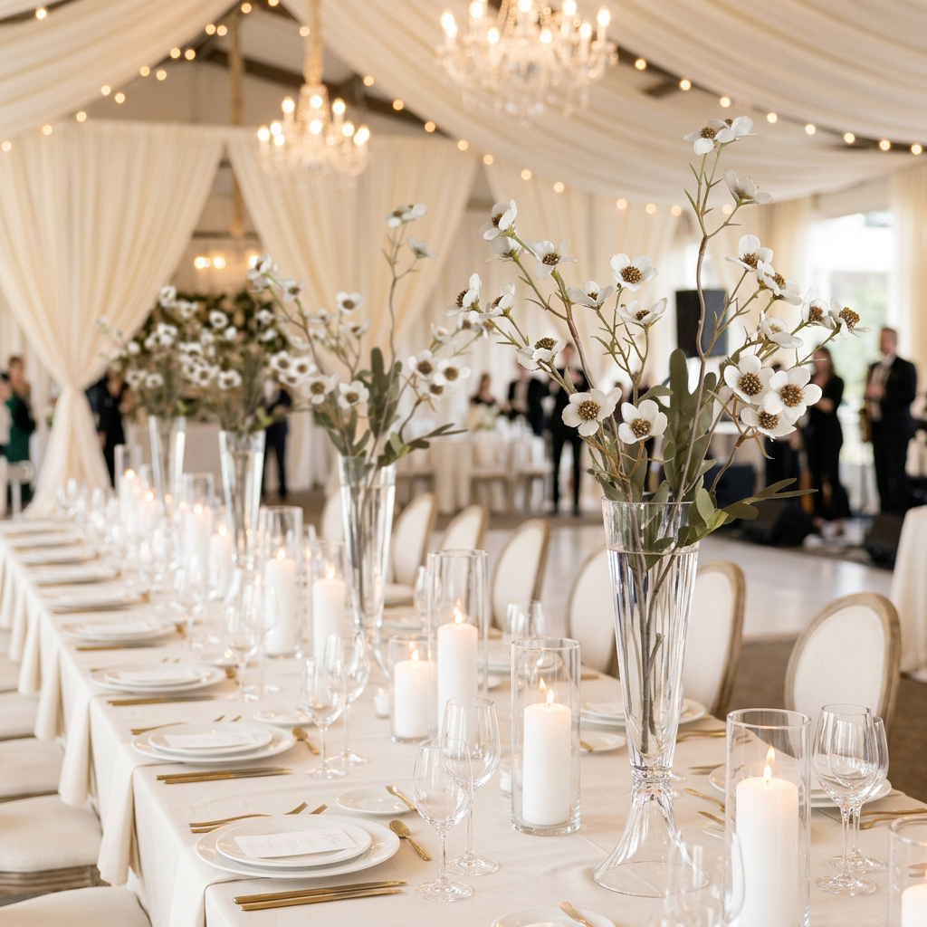 Fleurs blanches décorant une réception de mariage élégante