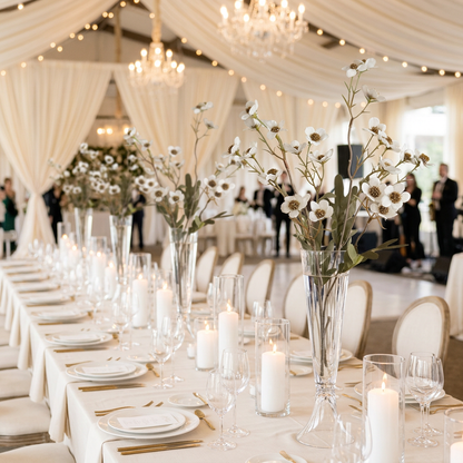 Fleurs blanches décorant une réception de mariage élégante