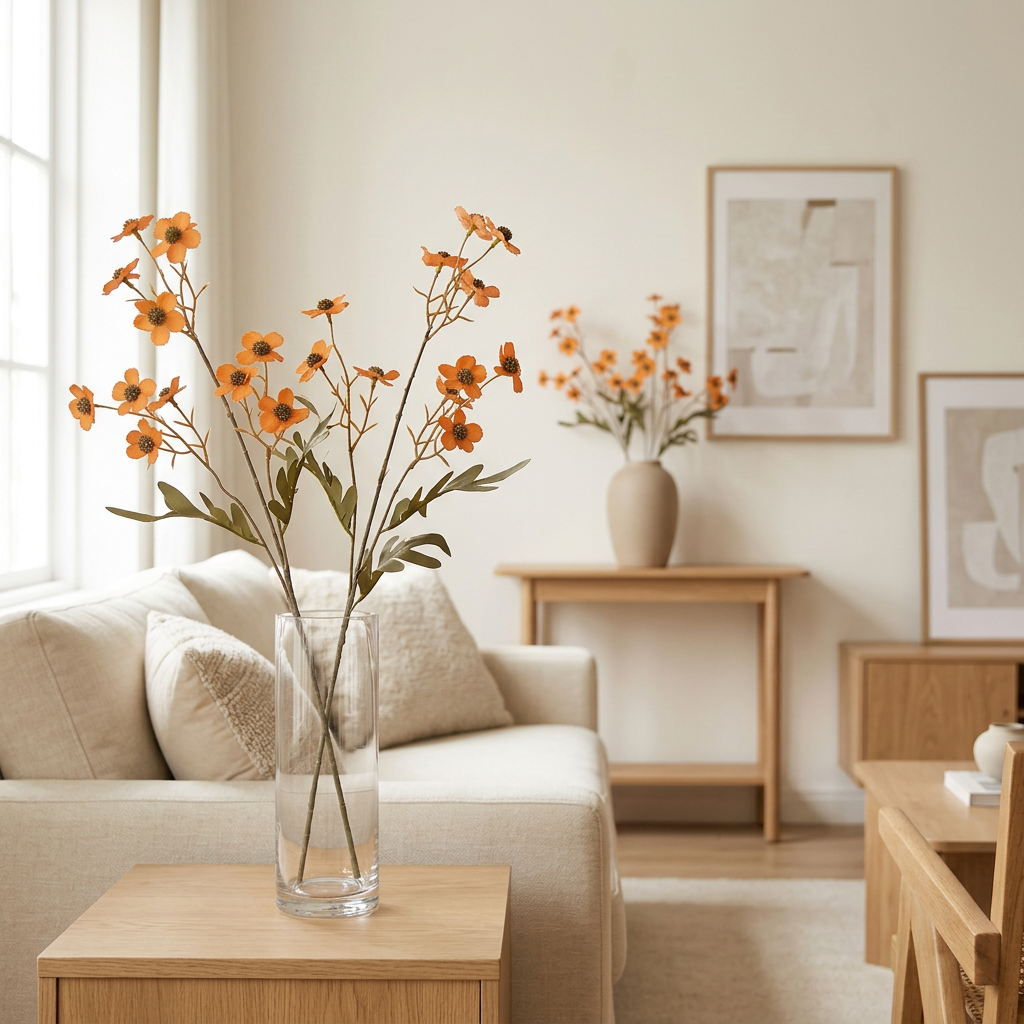 Fleurs orange dans des vases décorant un salon moderne