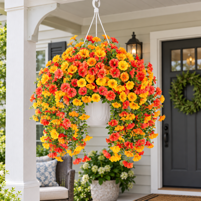 Fleurs orangées et jaunes suspendues devant une entrée de maison