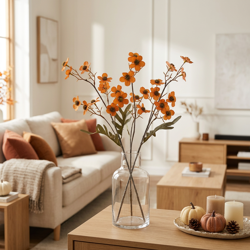 Fleurs sèches orange dans un salon moderne décoré avec des décoration d’automne