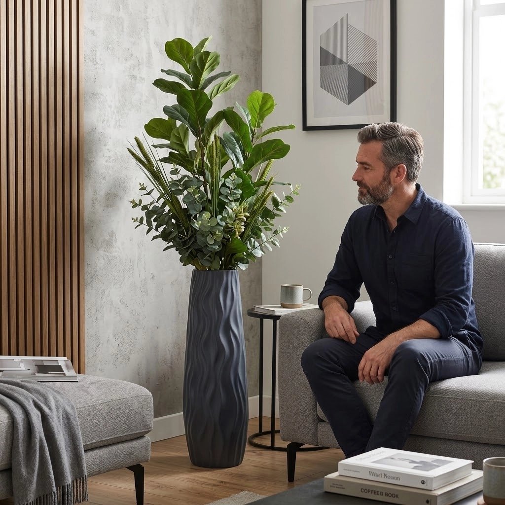 Un grand vase rempli de plantes dans le coin d'un salon, avec un monsieur assis à côté, en train de le regarder