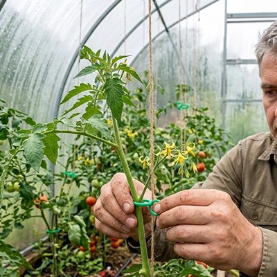un homme qui accroche un Support plante grimpante sur une plante de tomate