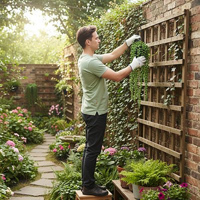 un homme accroches des Plante artificielle tombante dehors