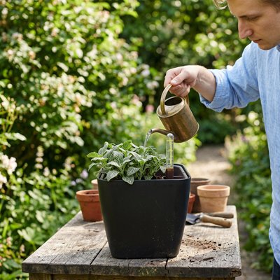 un homme arrose une plante dans le  Pot de fleurs 