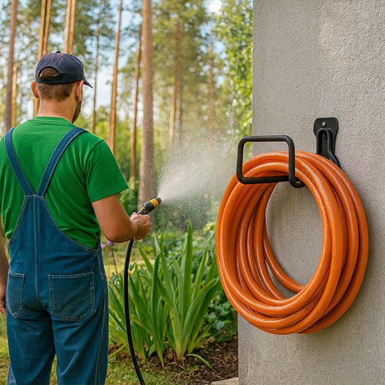 un homme qui arrose son jardin avec un tuyau arranger sur un Support tuyau arrosage