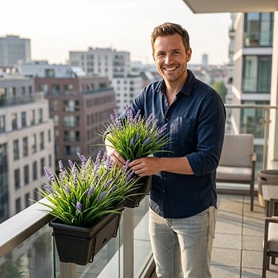 un homme décore les bord de son balcon avec des Plante artificielle