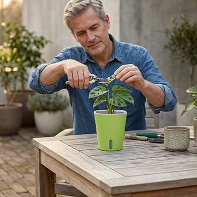 une homme entretien sa plante dans le Pot de fleur d'arrosage automatique 