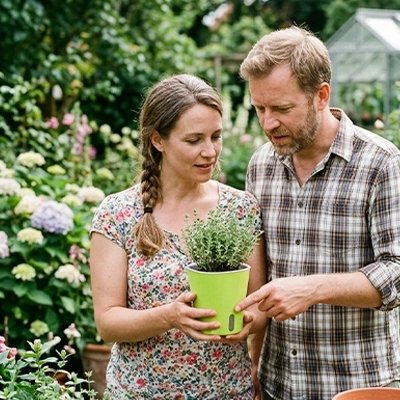un homme et une femme tient dans leur main un Pot de fleur d'arrosage automatique 