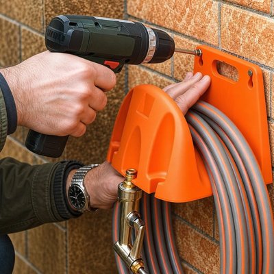 Un homme qui installe un Support tuyau arrosage sur un mur 