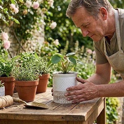 un homme met une plante dans le Pot de fleur auto-arrosant