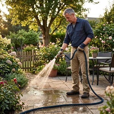 Un homme qui nettoie son jardin avec le Tuyau arrosage extensible