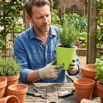 un homme plante des fines herbes dans le Pot de fleur d'arrosage automatique 