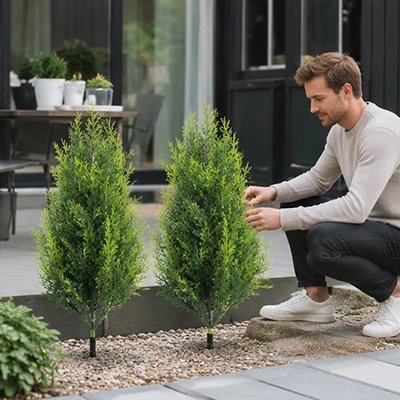 un homme s'installe ses Plantes artificielles en forme d'arbre dans le jardin