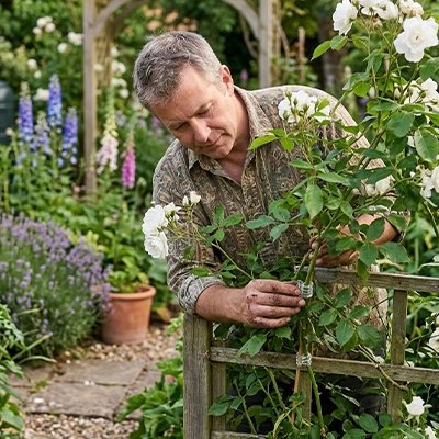 un homme qui tient un rosier avec  Support plante grimpante en forme des pince
