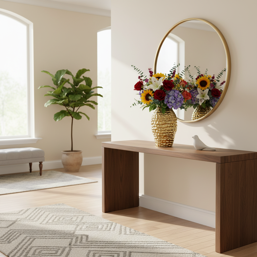 Petit vase céramique doré ovale avec fleurs dans une entrée de maison moderne