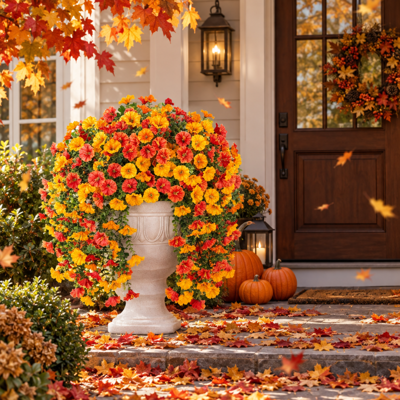Jardinière fleurie devant une entrée décorée pour l’automne