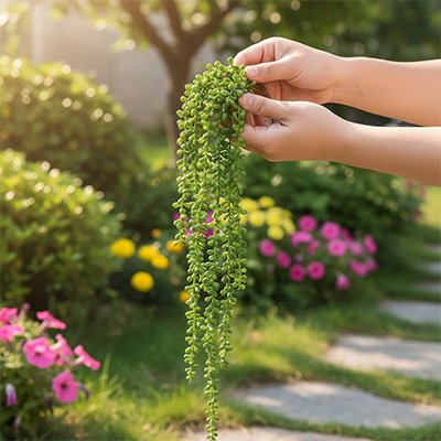 une main qui attrape des  Plante artificielle tombante 