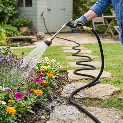 une main qui tient le Tuyau d'arrosage extensible et arrose des fleurs