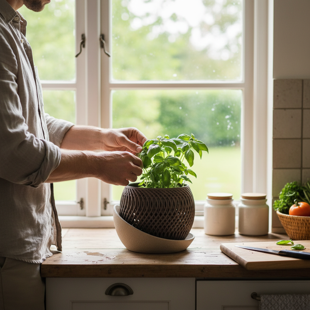 Monsieur coupant du basilic plante dans le pot sur le rebord de fenêtre