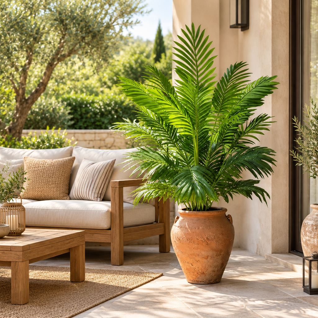 Palmier dans un  pot sur une terrasse aménagée