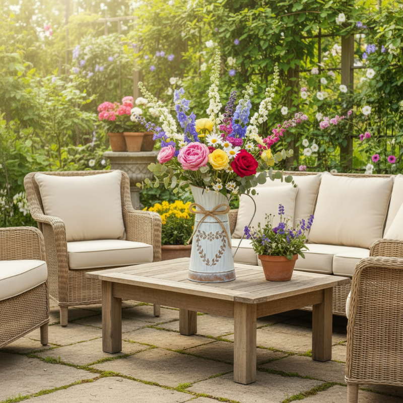 Petit vase pichet blanc avec roses dans un salon de jardin