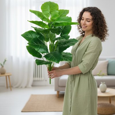 Plante artificielle dans les mains d'une femme dans le salon
