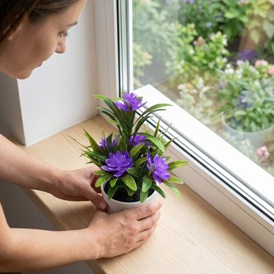 Plante artificielle dans les mains d'une femme.