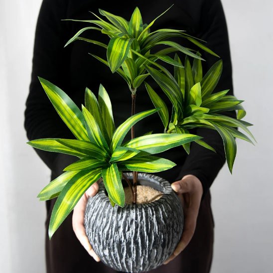 Plante artificielle dans un vase dans la main d'une femme