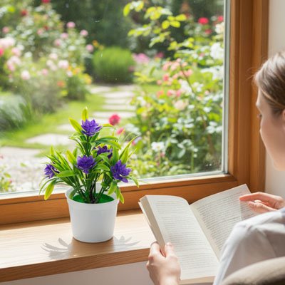 une Plante artificielle fleur devant la fenêtre et une femme lit un livre