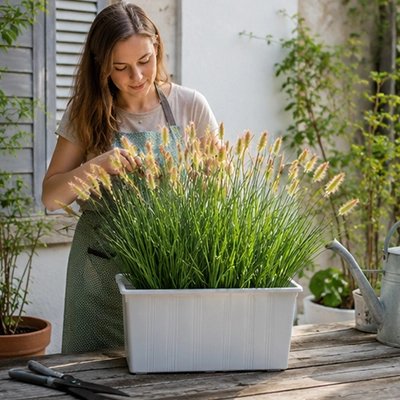 Plante artificielle herbe à roseaux que une femme met dans un pot