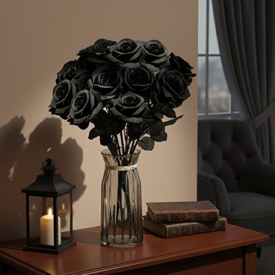 Plante artificielle rose noir dans un vase sur une comédies 