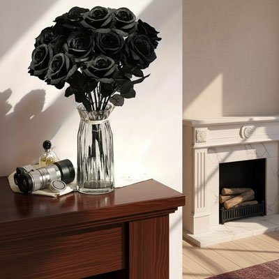Plante artificielle rose noir sur table à côte de la cheminée 