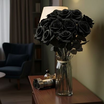 Plante artificielle rose noir sur table à cote d'une lampe 