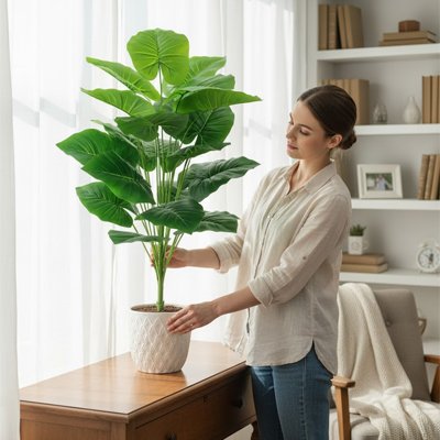 Plante artificielle  sur une table dans le salon.