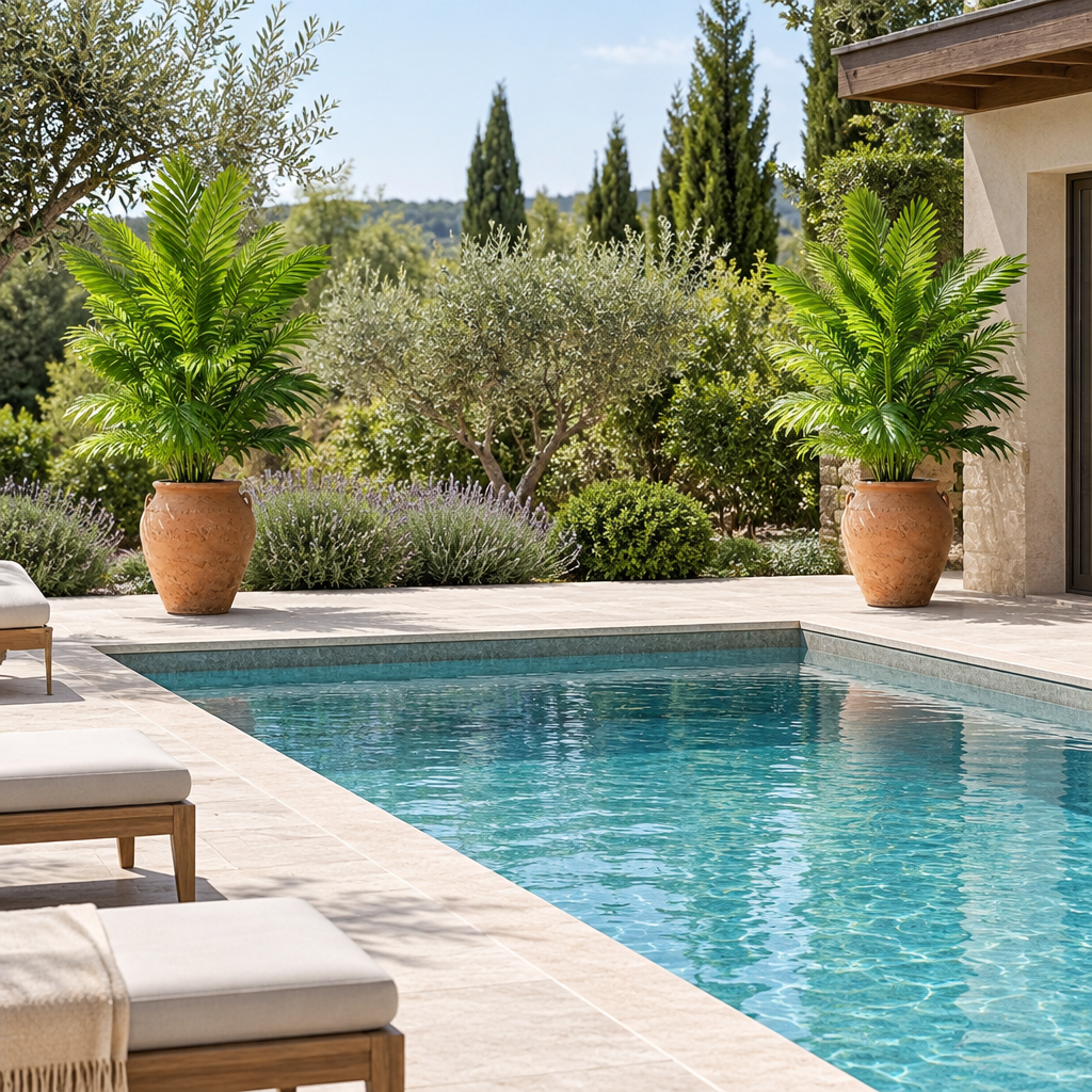 Plantes dans un pots de terre cuite aux coins d’une piscine