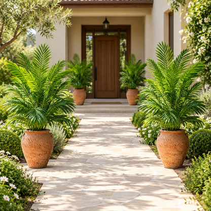 Plantes en pots de terre cuite bordant le chemin vers l’entrée d’une maison
