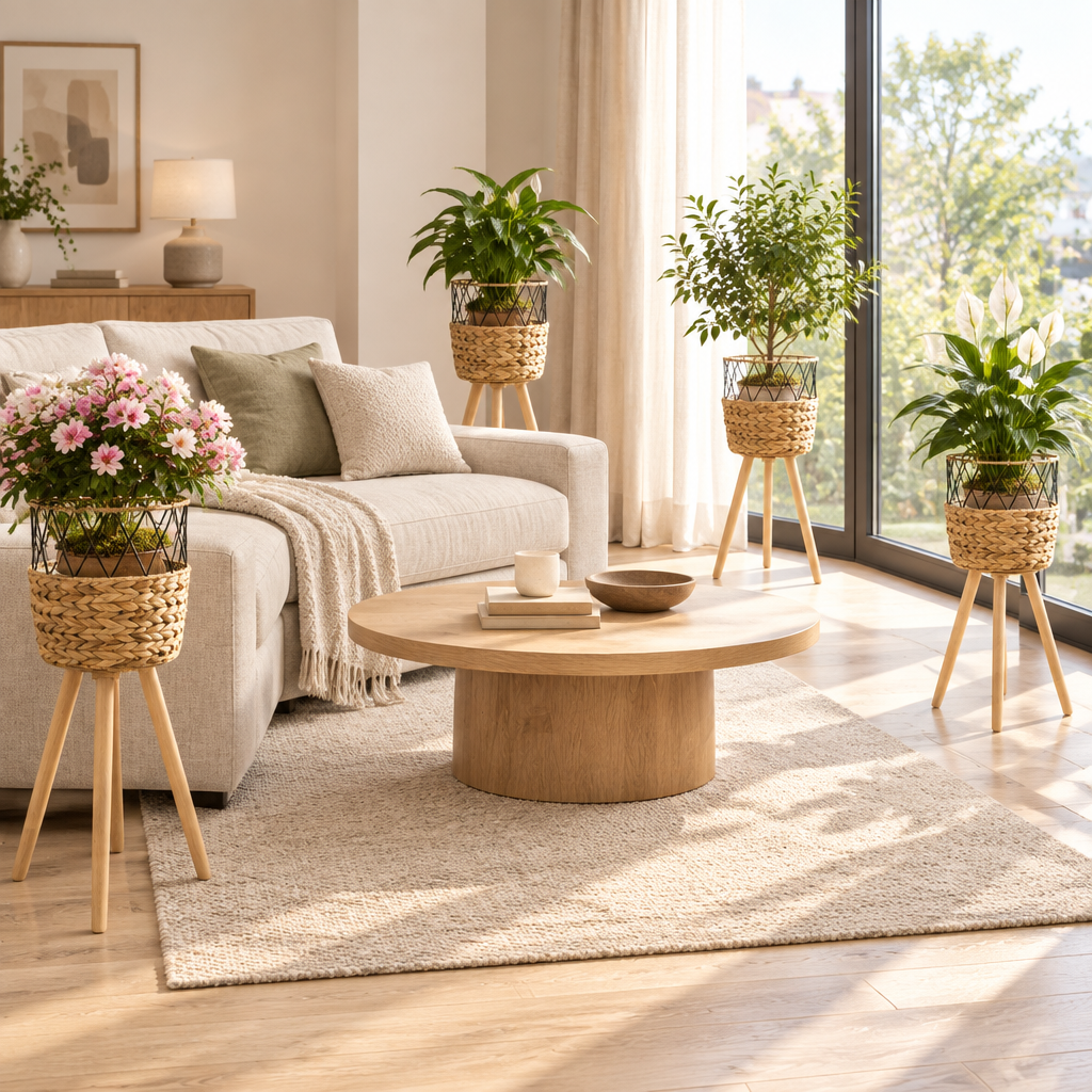 Plusieurs cache-pots garnis de fleurs, plantes et petit arbuste dans un salon moderne