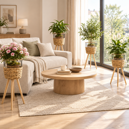 Plusieurs cache-pots garnis de fleurs, plantes et petit arbuste dans un salon moderne