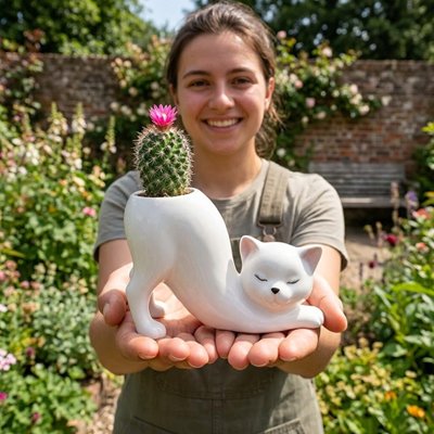 Pot de fleur en forme de chat dans les main d'une femme