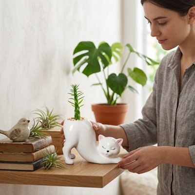 Pot de fleur  en forme de chat qui se tire