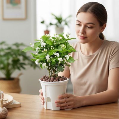 Pot de fleur sur la table entre la main d'une femme